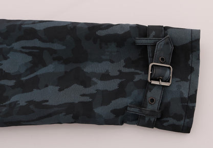 Blue camouflage print trench coat, a statement of style and sophistication