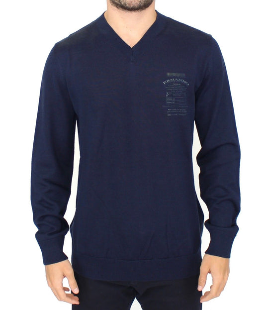 Ermanno Scervino Elegant Blue V-Neck Wool Blend Pullover for sophisticated winter style