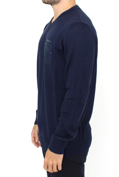 Ermanno Scervino Elegant Blue V-Neck Wool Blend Pullover - Stylish and sophisticated knitwear for a timeless and refined look