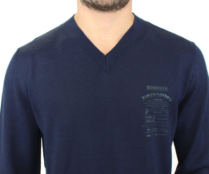 Stylish Ermanno Scervino Elegant Blue V-Neck Wool Blend Pullover sweater
