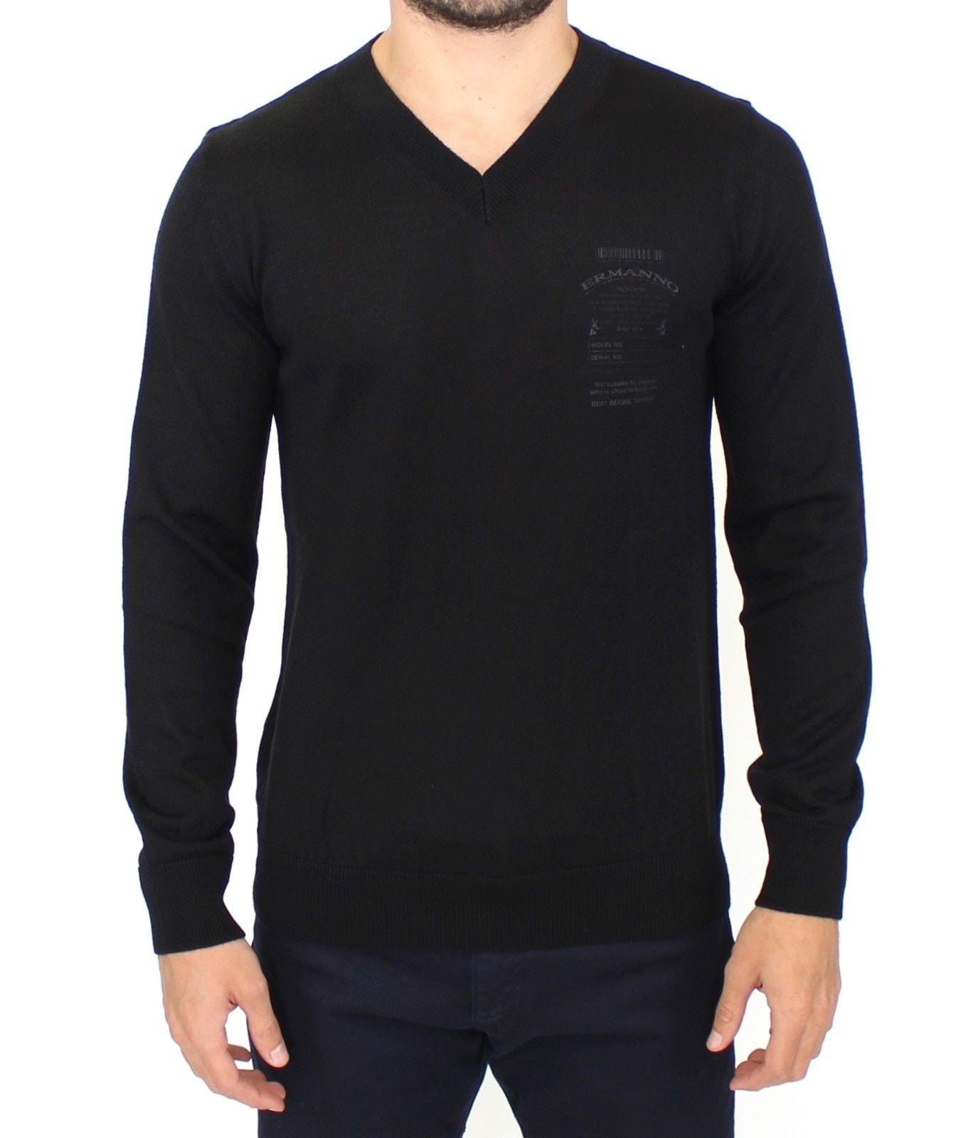 Ermanno Scervino black wool blend v-neck sweater with logo detailing 