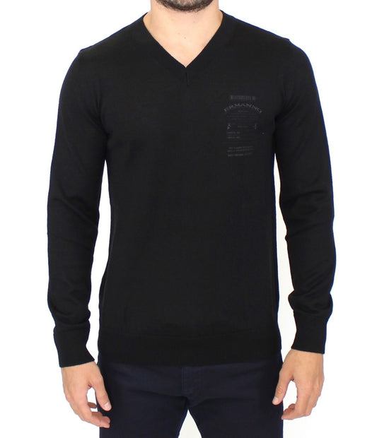 Ermanno Scervino black wool blend v-neck sweater with logo detailing 