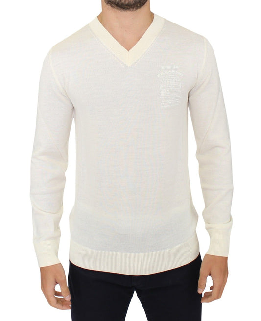 Luxurious Ermanno Scervino off-white V-neck wool blend pullover sweater 