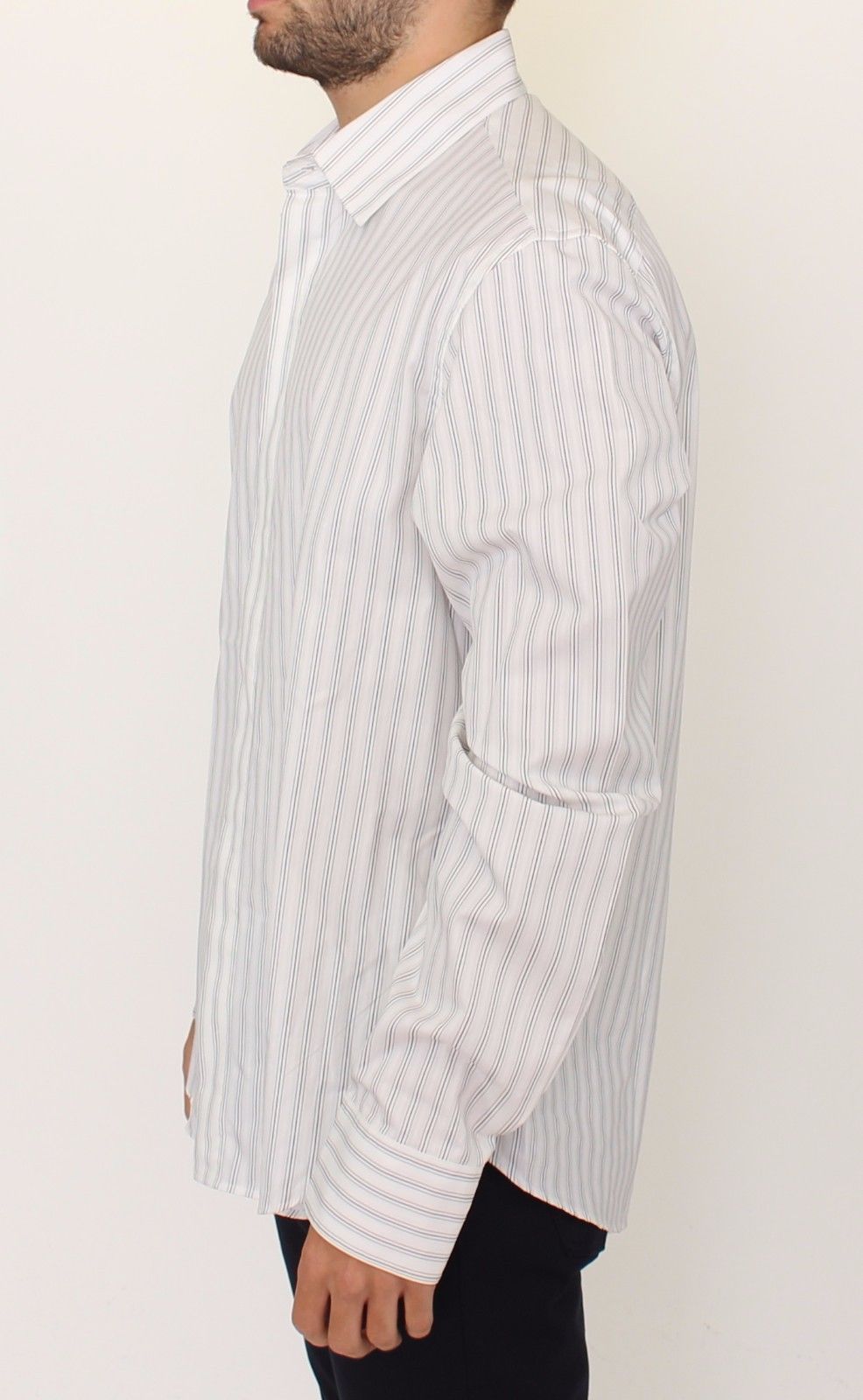Italian crafted button front casual shirt with black and white stripes