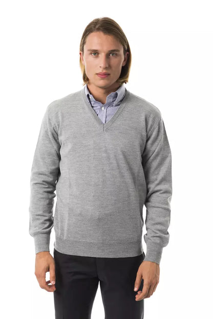 Embroidered gray wool V-neck sweater for men by Uominitaliani