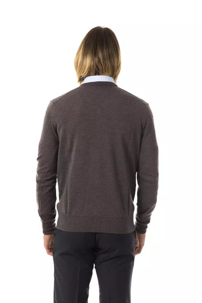 Italian-made Gray Merino Wool Sweater with V-neck and intricate embroidery