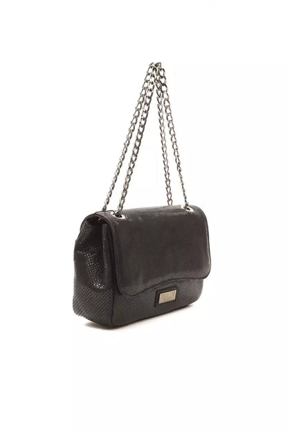 Sleek black leather crossbody bag with iconic DP logo lining