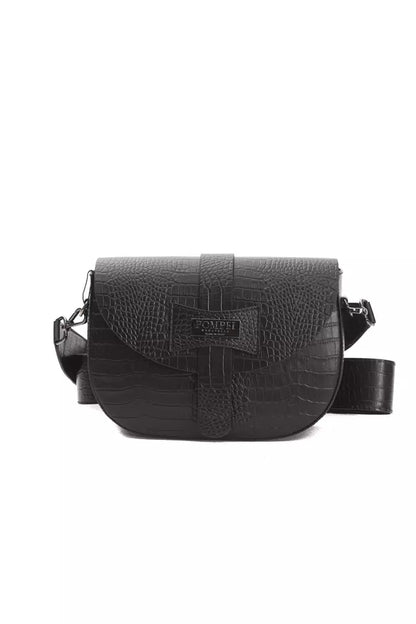 Luxurious black leather crossbody bag with crocodile print and DP logo lining