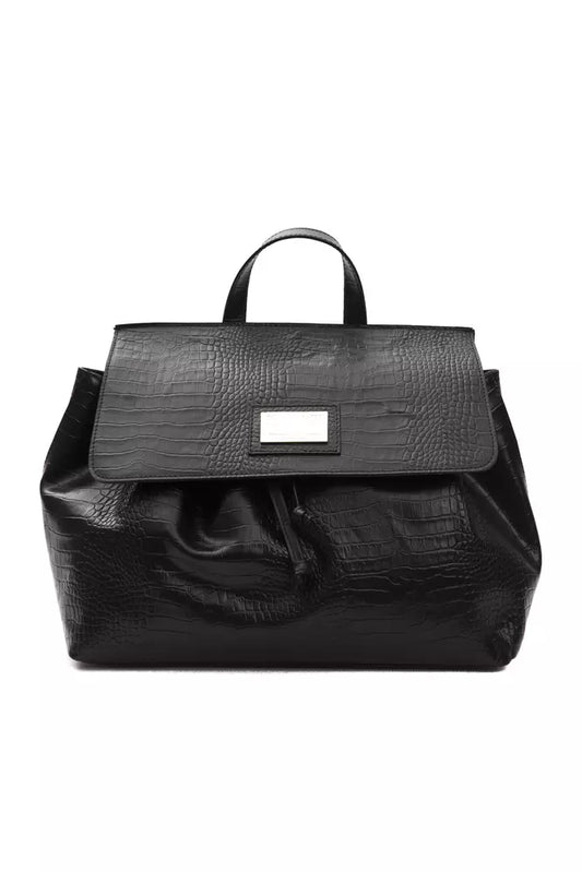 Pompei Donatella Black Leather Women Handbag with adjustable straps and crocodile-print leather