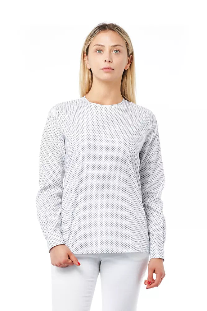 Round Neck White Cotton Women Blouse by Bagutta, featuring polka dot print and button closure