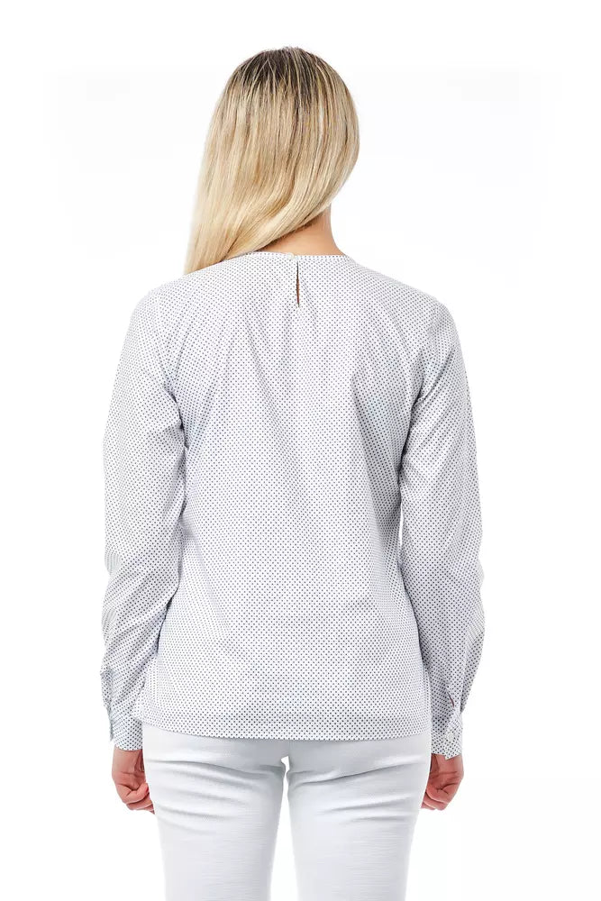 Bagutta Round Neck Blouse, 100% soft cotton, white with polka dot print