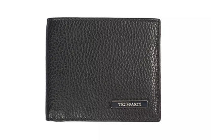 Italian-made Trussardi Black Leather Men Wallet with embossed design and coin compartment
