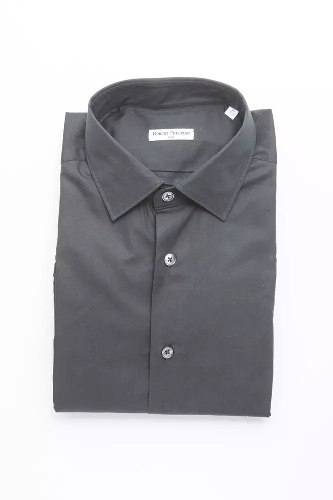 Sleek black cotton men shirt with medium slim collar by Robert Friedman