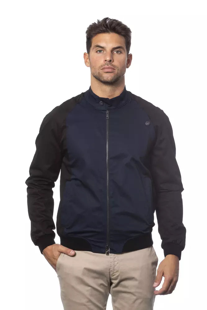 Verri Blue Cotton Men's Bomber Jacket front view with zippered pockets and ribbed cuffs