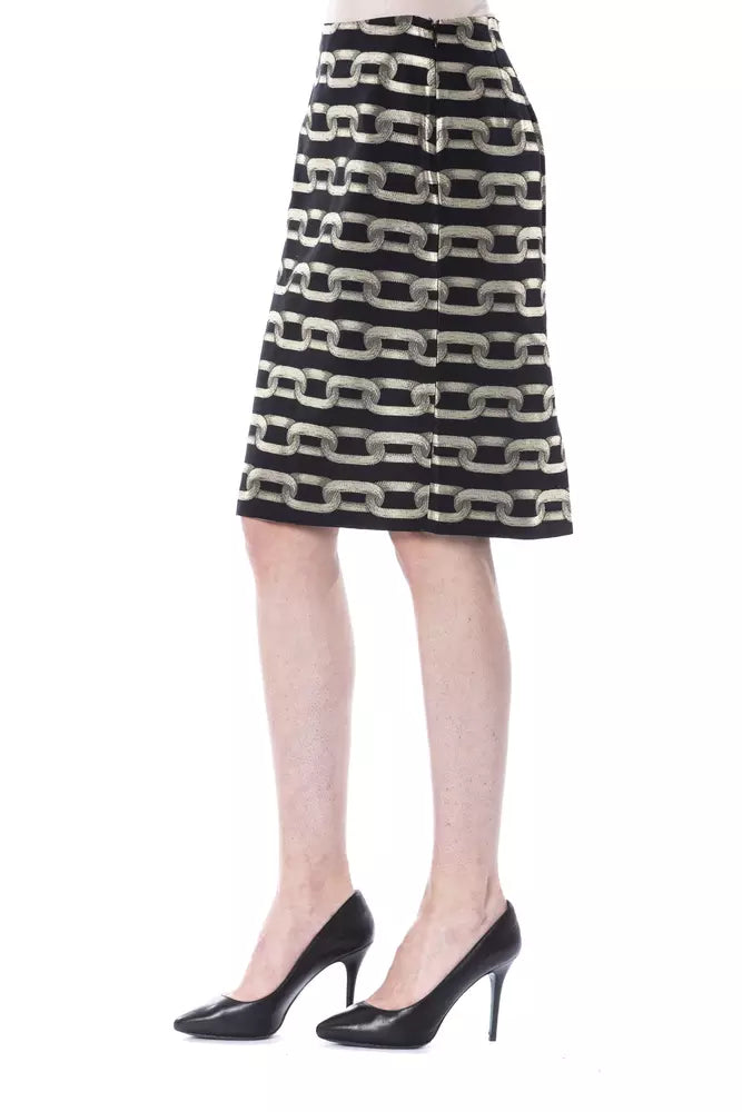 BYBLOS Black Viscose Women Skirt, a form-fitting silhouette and premium blend of viscose and cotton, delivers both comfort and style Crafted in Italy, this skirt embodies elegance with a modern edge, perfect for the fashion-forward enthusiast Make a bold statement at any event with this timeless black piece