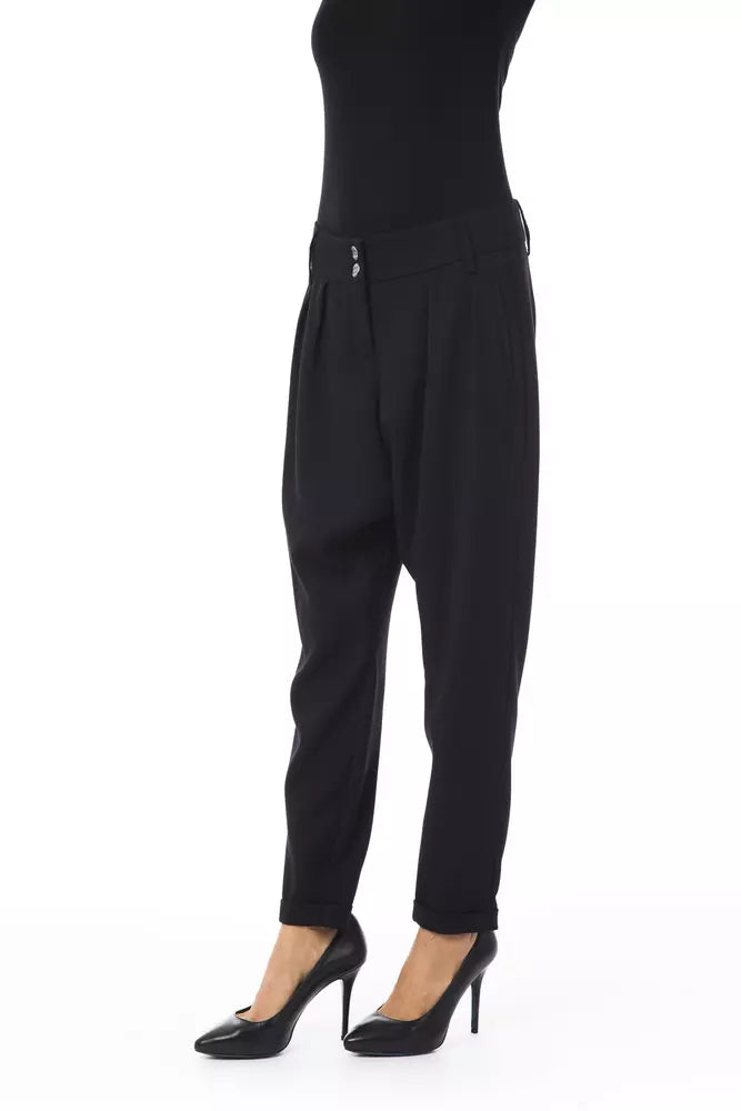 Contemporary oversized fit pants crafted in Italy with polyester, viscose, and elastane