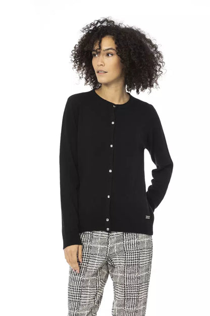 Baldinini Trend Black Wool Women Sweater front view with gold monogram 