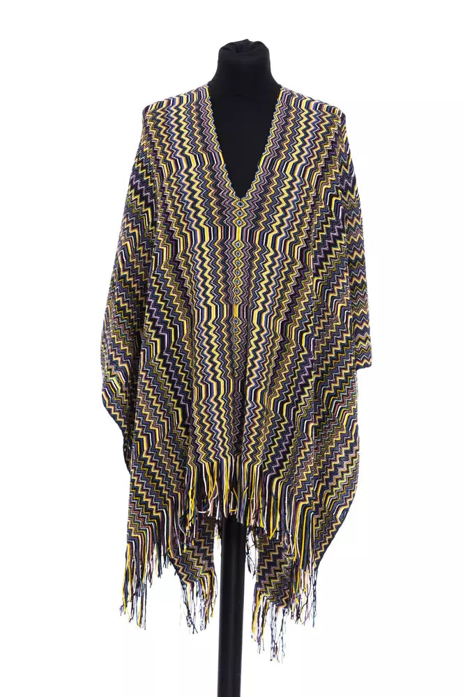 Missoni Multicolor Wool Women Poncho with signature geometric fantasy design and fringed edges