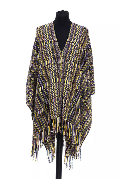 Missoni Multicolor Wool Women Poncho with signature geometric fantasy design and fringed edges