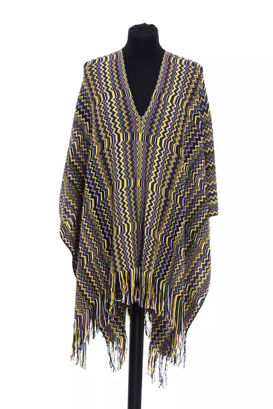 Missoni Multicolor Wool Women Poncho with signature geometric fantasy design and fringed edges