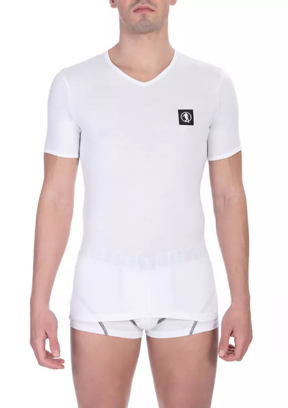 Elevate your everyday style with the Bikkembergs White Cotton Men T-Shirt, 95% cotton, 5% elastane, BD origin, pristine white, casual sophistication, Bikkembergs brand appeal
