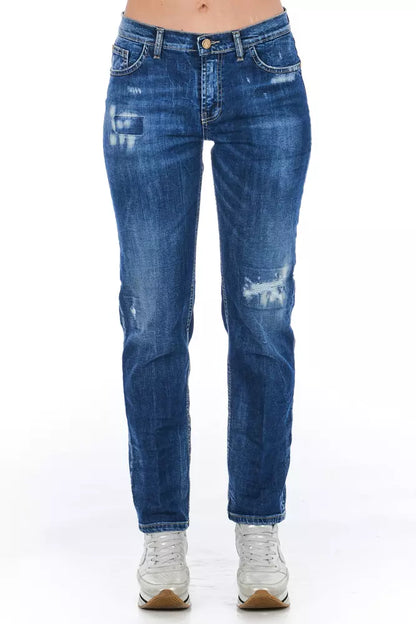 Frankie Morello Blue Cotton Women Jeans with Worn Wash and Multi-Pockets