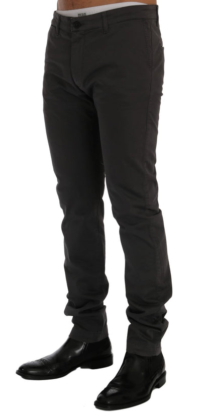 Elegant men's slim-fit gray pants with zipper fly closure