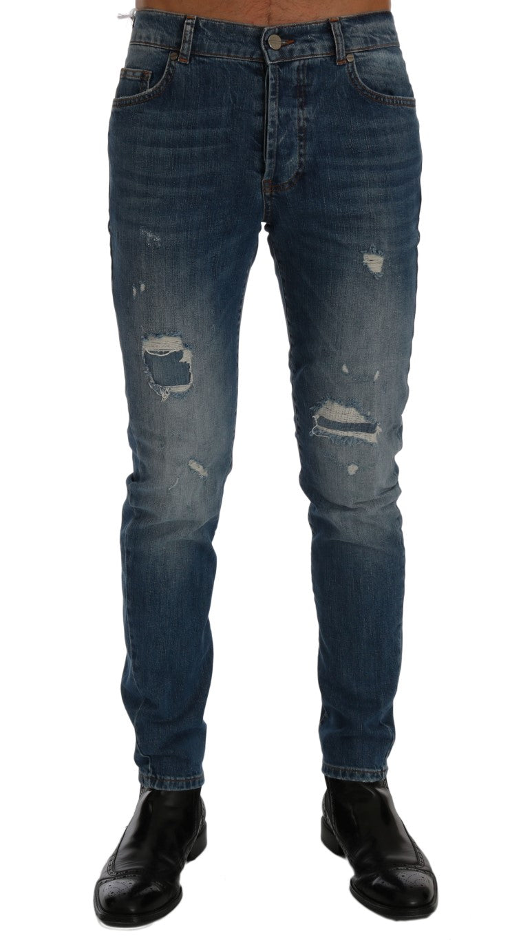 Italian-crafted slim fit blue jeans by Frankie Morello with tear detailing