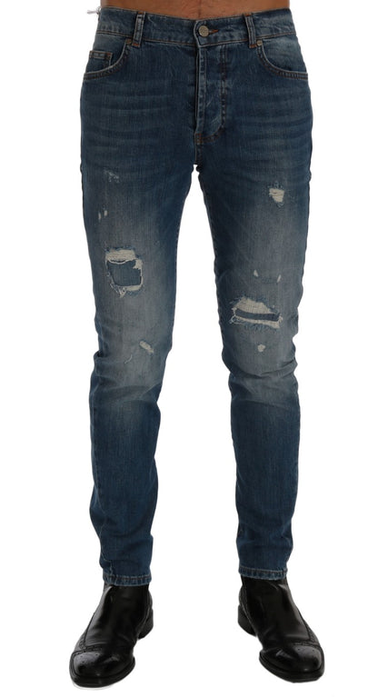 Italian-crafted slim fit blue jeans by Frankie Morello with tear detailing