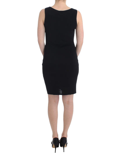 Versatile sleeveless black dress with subtle logo detailing for branded elegance