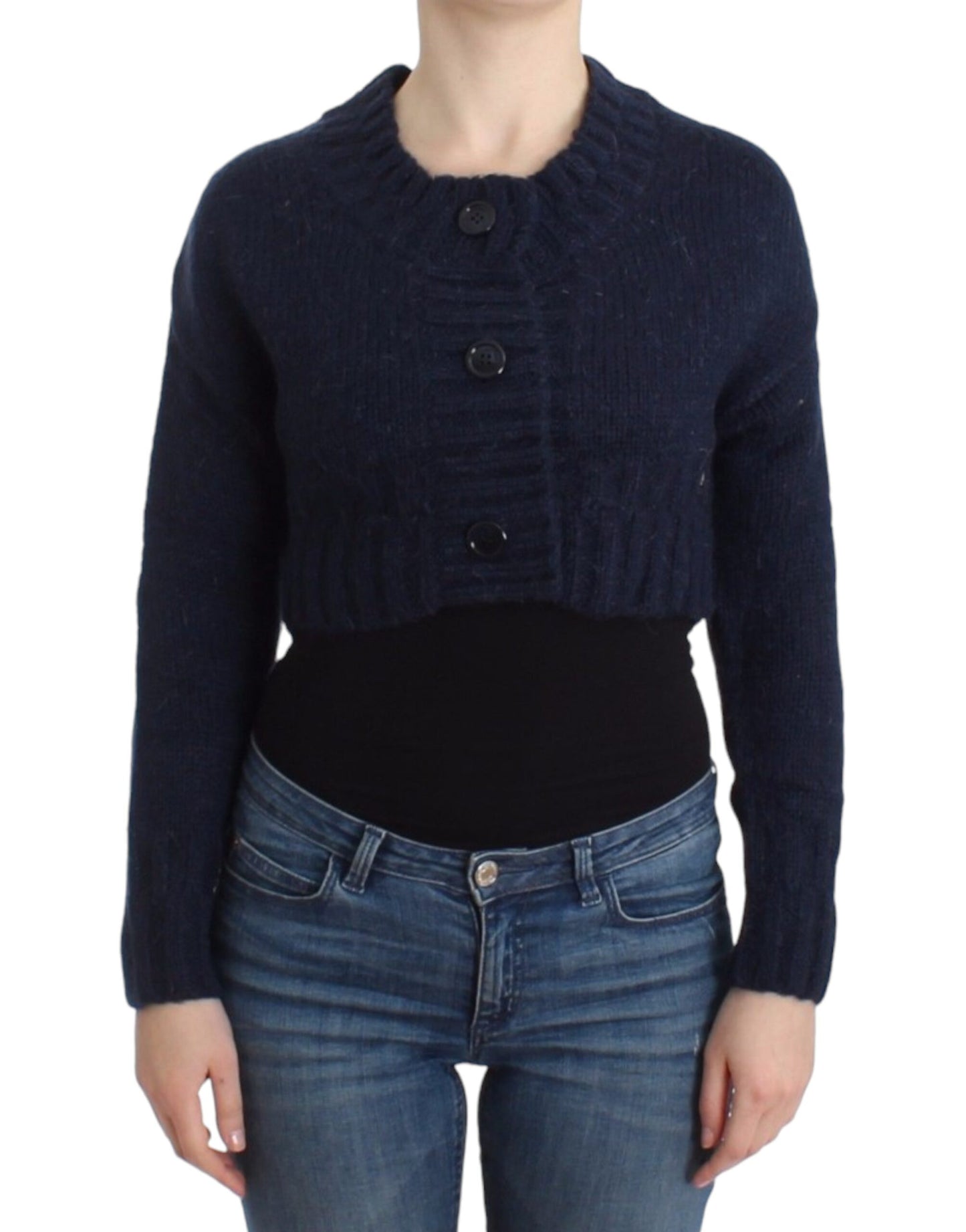 John Galliano Chic Cropped Blue Cardigan with Button-up Front and Brand Logo Details
