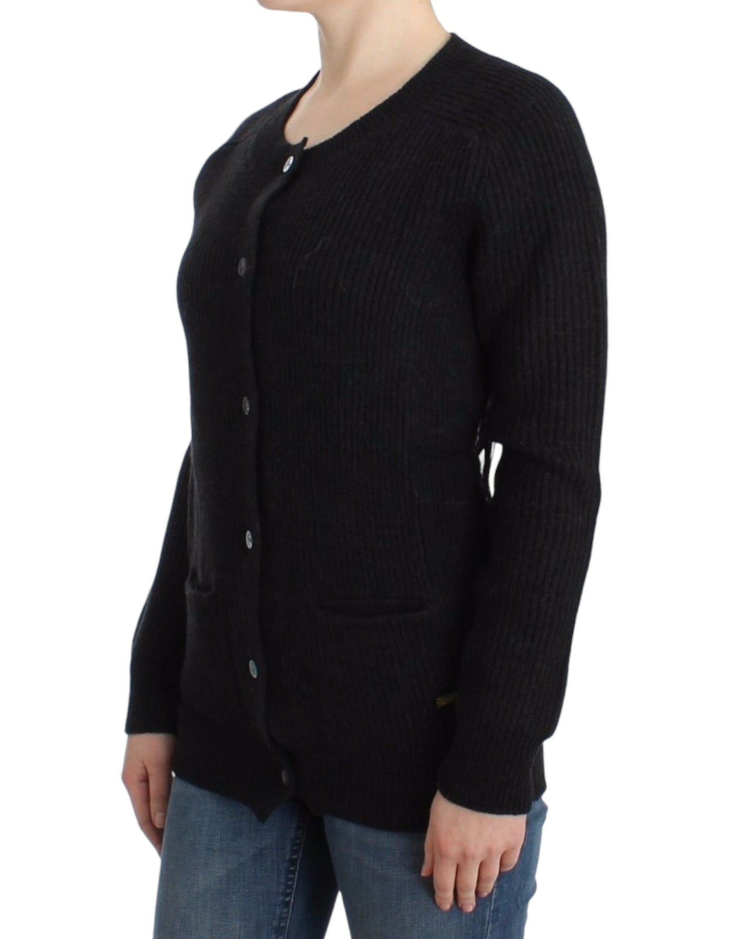 Black wool blend knit cardigan with iconic Galliano logo and original store bag