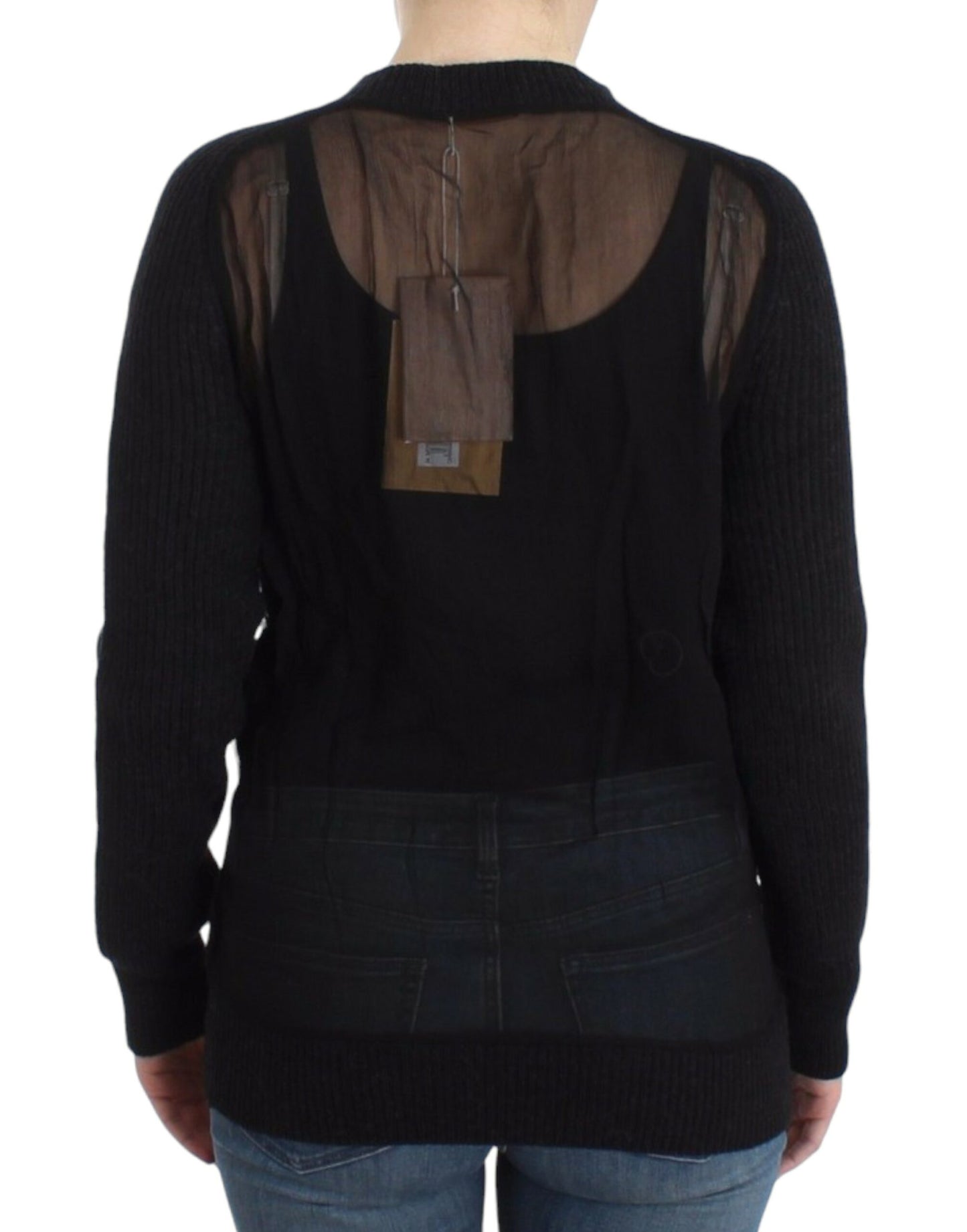 Sophisticated and cozy cardigan in black wool blend knit with transparent back panel