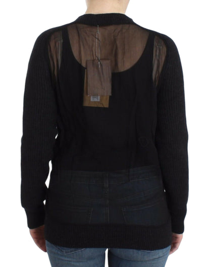 Sophisticated and cozy cardigan in black wool blend knit with transparent back panel