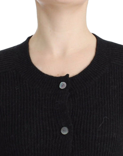 Luxurious black wool blend cardigan with transparent back and front button closure