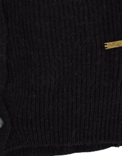 Elegant black wool blend cardigan with transparent back panel and iconic Galliano logo