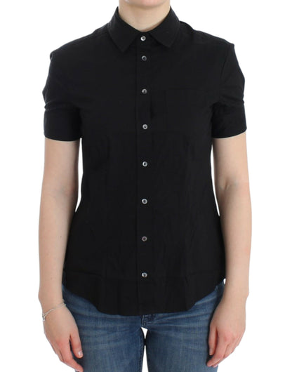 John Galliano Elegant Black Cotton Stretch Shortsleeve Blouse with Full Button Front Closure and Chest Pocket