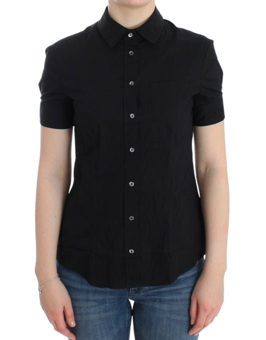 John Galliano Elegant Black Cotton Stretch Shortsleeve Blouse with Full Button Front Closure and Chest Pocket