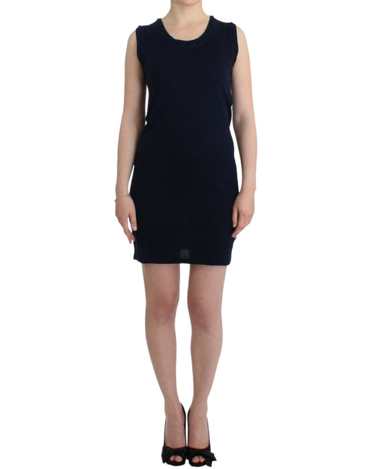 John Galliano Elegant Knee-Length Blue Cotton Dress with Crew Neckline and Logo Details
