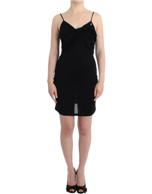 John Galliano Elegant Black Jersey Knee-Length Dress with Flattering Draped Detail