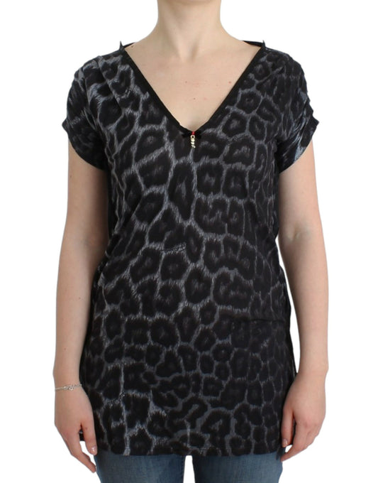 Cavalli Sultry Leopard V-Neck Modal Top in Gray