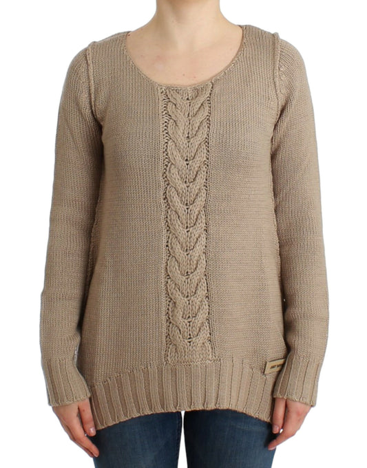Cavalli Elegant Beige Knitted Crew Neck Sweater, front view