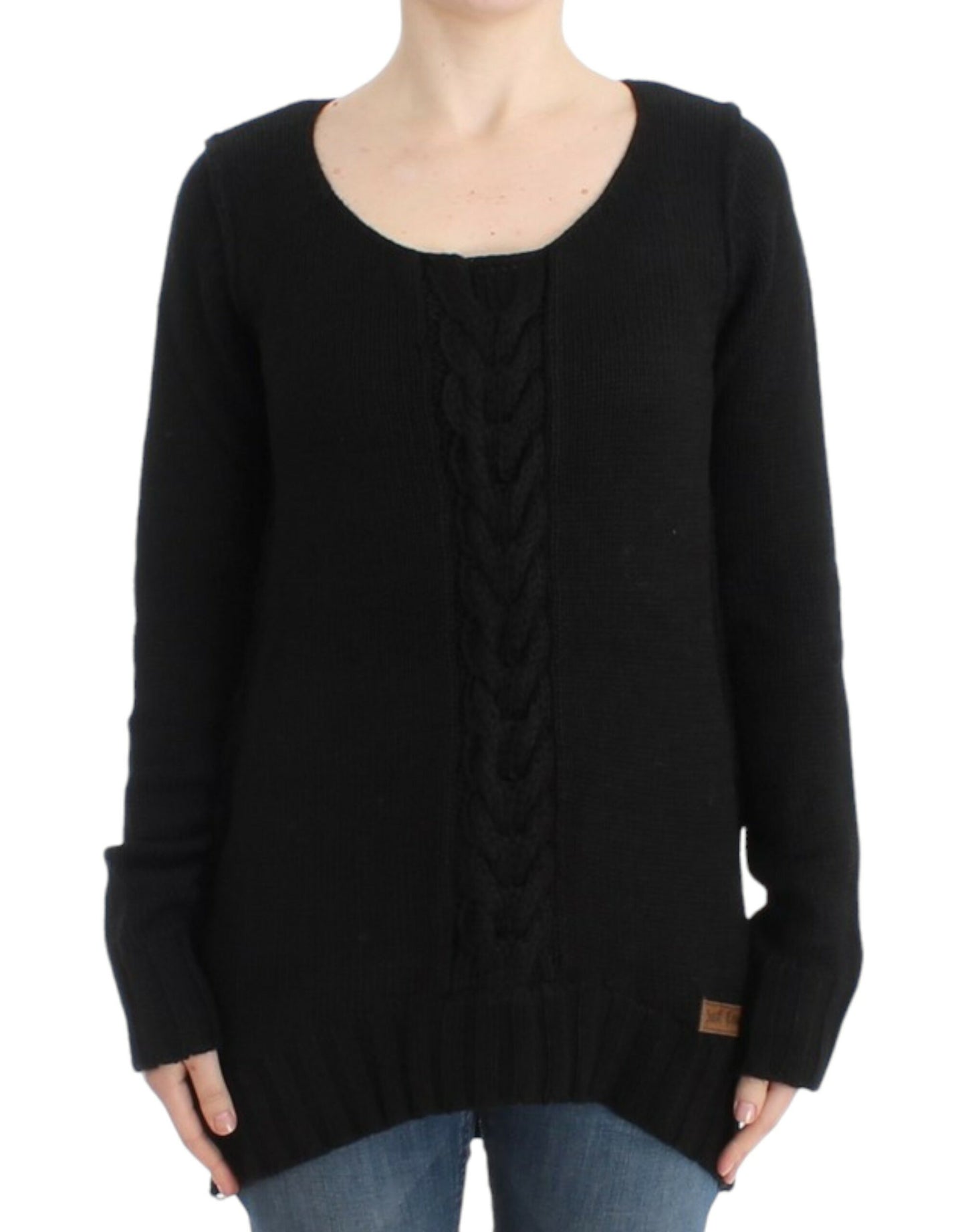 Sumptuous black knitted crew neck sweater by Class Roberto Cavalli