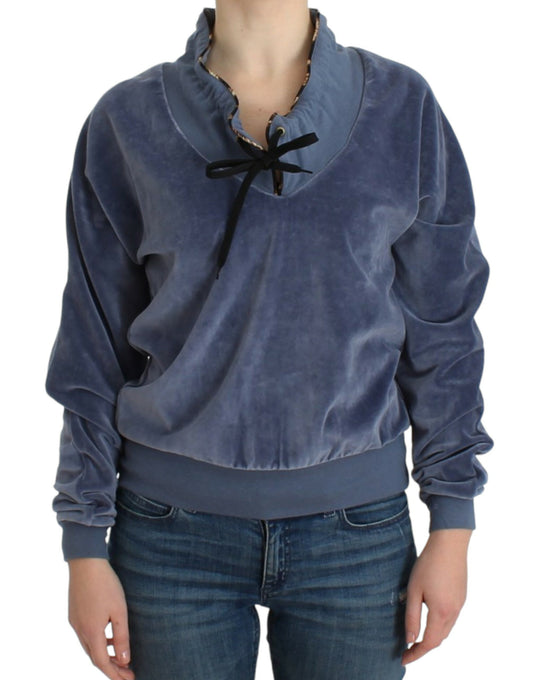 Exquisite blue Cavalli mock sweater with rhinestone logo details and gold-toned metal embellishments