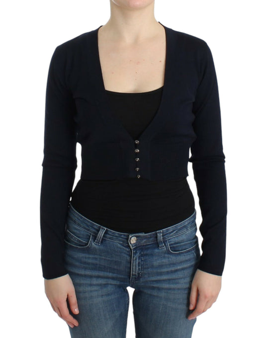 Cavalli Elegant Black Cropped Virgin Wool Cardigan with iconic logo details