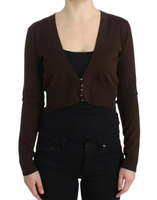 Cavalli Elegant Brown Virgin Wool Cropped Cardigan with classic button closure 
