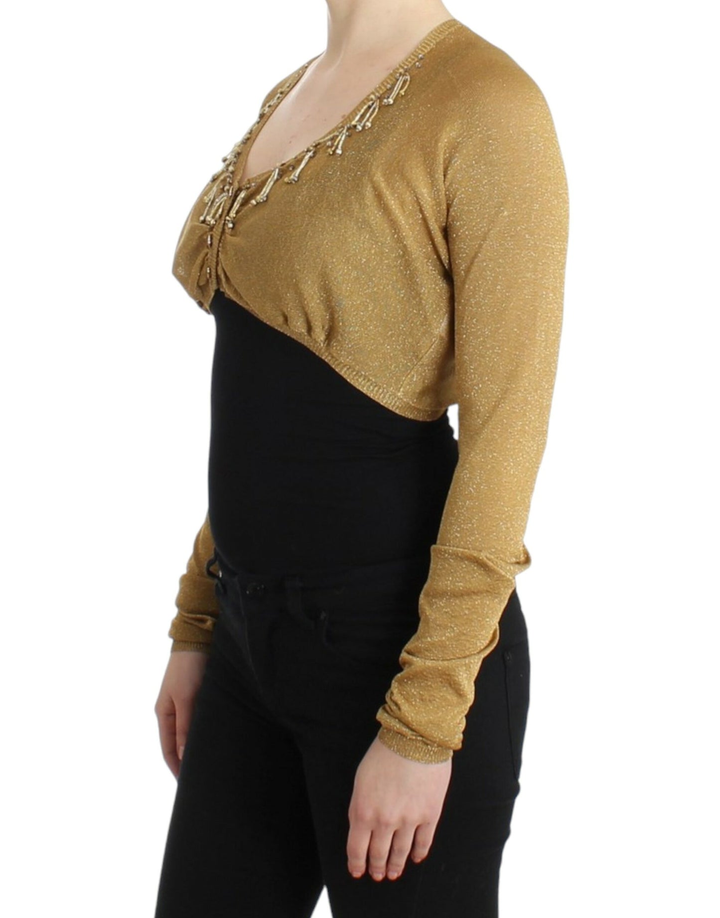 Radiant gold shrug with intricate embellished details and chic button closure