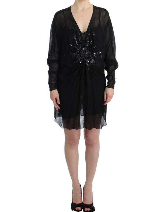 Cavalli Elegant Sheer Black Silk Blouson Dress above the knee