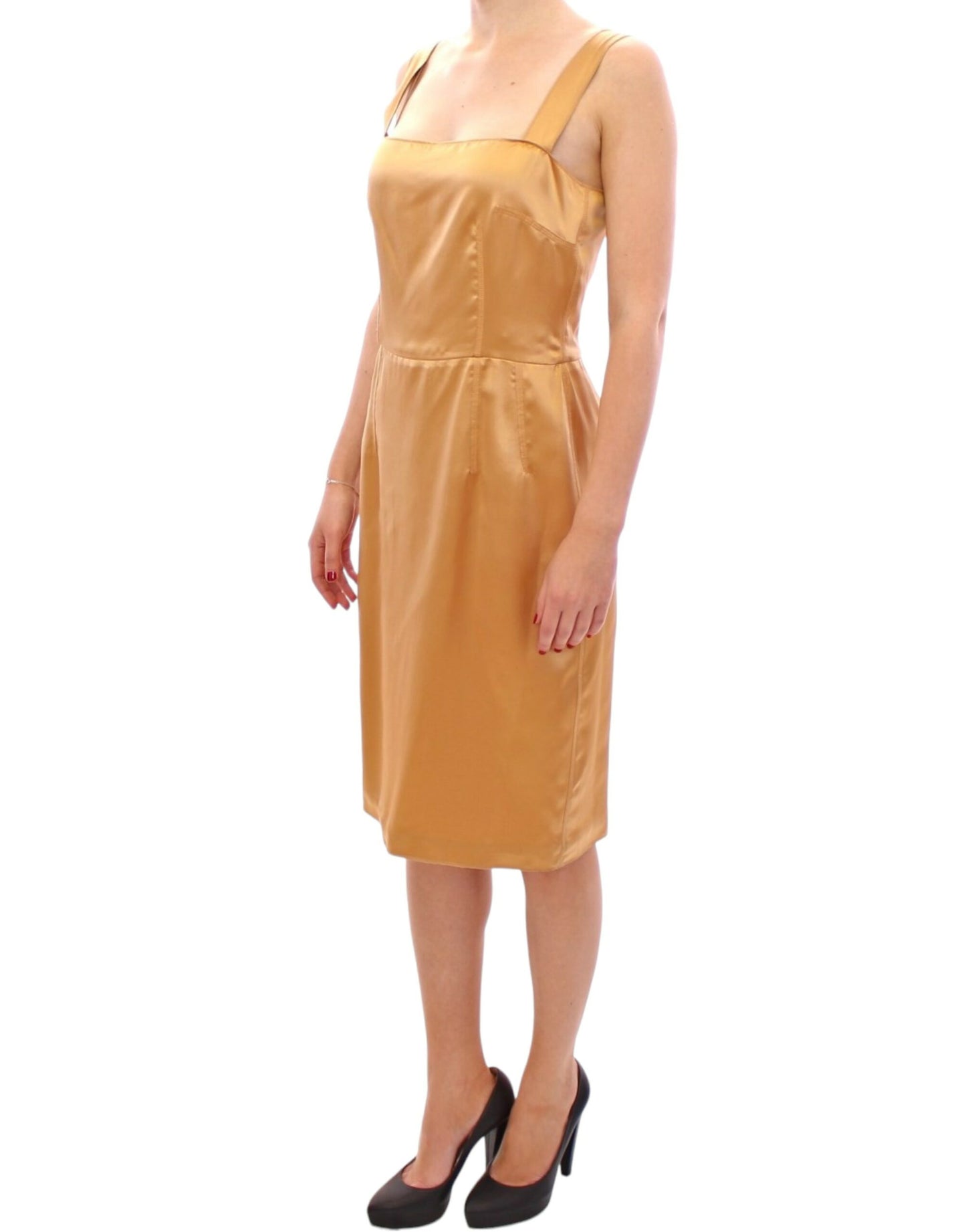 Italian luxury knee-length sheath dress in stunning bronze silk