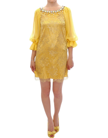 Dolce & Gabbana Yellow Lace Crystal Embellished Mini Dress with full yellow and clear crystal and pearl-embedded collar